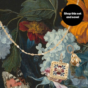 Birth flower 18K gold necklace set with enamel pendant and butterfly oil painting backdrop
