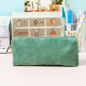 Trousse scolaire en velours côtelé vert avec design rectangulaire et fermeture éclair