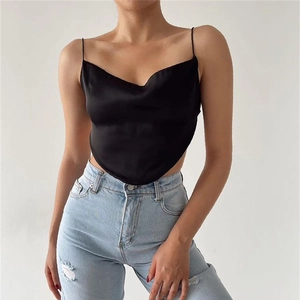 Débardeur Cami En Satin Pour Femmes Dos Nu À Lacets Crop Top Ourlet Triangulaire Couleur Unie Sexy Streetwear