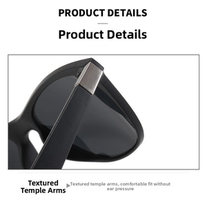 Close-up of black sunglasses hinge with premium silver metal inlay detail
