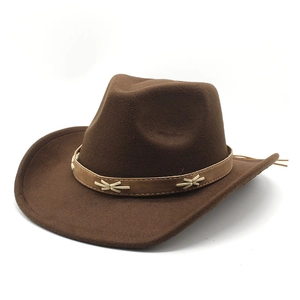 Close-up of brown wool felt cowboy hat featuring a leather band with cross-stitch detail