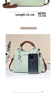 Size comparison of light green textured leather handbag with dimensions 25cm by 12cm