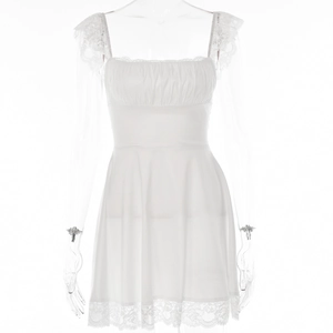 Elegant white square neck mini dress with delicate lace floral sleeves and ruffled hem details