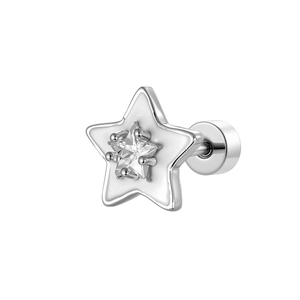 Silver star ear stud with white enamel and sparkling zircon center in a minimalist design