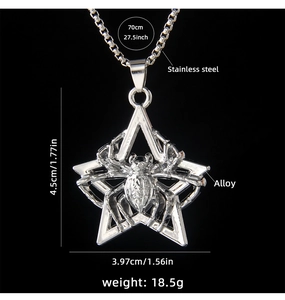 Detail view of pentagram spider pendant showing size parameters and stainless steel chain