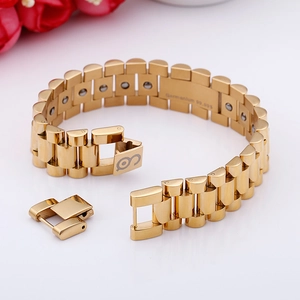 Detail of gold magnetic therapy bracelet featuring Germanium 99.99% engraving and inlays