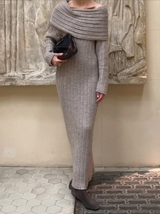 Detail of oatmeal ribbed knit off-shoulder dress with elegant wide fold-over collar