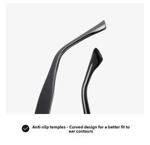 Detail of curved non-slip temples on black sunglasses for a secure and comfortable fit