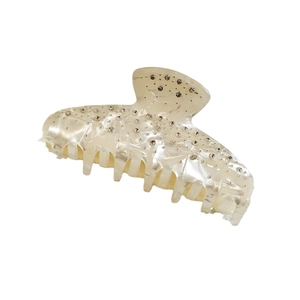 French style beige hair claw clip with sparkling rhinestones on a white background