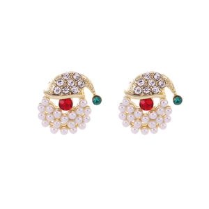 Festive Santa Claus stud earrings with pearls and colorful rhinestones in gold setting
