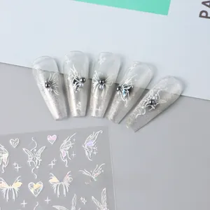 Macro detail of 3D iridescent butterfly nail stickers with pearlescent manicured nail art