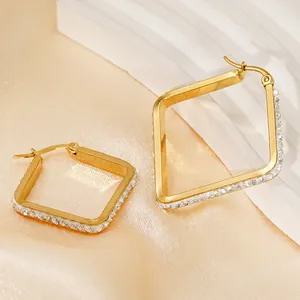 Chic gold stainless steel geometric square earrings with sparkling zircon stones