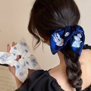 Oversized satin hair scrunchie with marine embroidery of shells and starfish