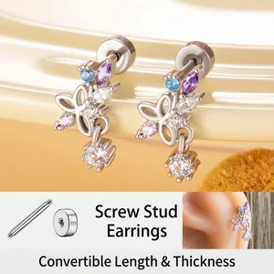 Butterfly Flower Cartilage Stud Earring With Titanium Steel Post Multicolor Zircon Pendant Screw Back Dainty Jewelry For Women