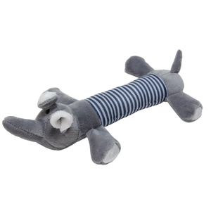 Detail of grey elephant plush dog toy with blue striped belly and soft texture
