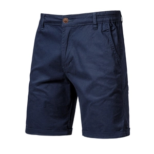 Detailed close-up of navy blue cotton casual shorts for men with straight fit and smooth texture