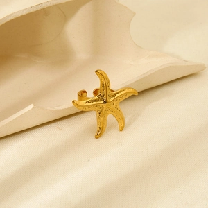 Detailed view of an adjustable 18K gold-plated starfish ring with unique textured surface