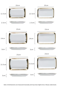 Size chart showing three dimensions of gold-rimmed ceramic rectangle serving plates