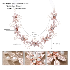 Detailed view of rose gold bridal headband with rhinestones, pearls and dimensions