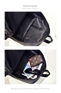 Detail view of the black PU leather backpack interior storage with laptop compartment