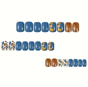 Detailed set of 24 dark blue press-on nails with autumn leaves and floral patterns
