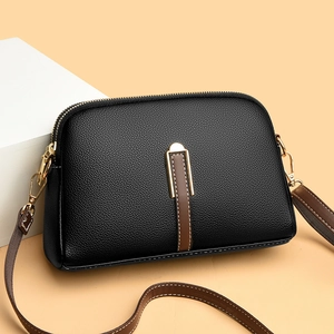 Women Litchi Grain PU Leather Crossbody Bag Double Zipper Shell Shoulder Bag With Adjustable Contrast Strap Minimalist