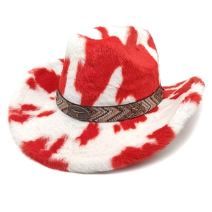 Faux fur cow print western cowboy hat with plush texture and bull head ornament
