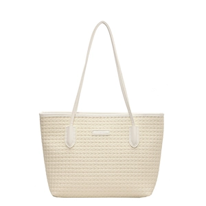 Minimalist beige woven tote bag for women with large capacity and stylish top handle