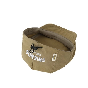 Khaki canvas kids flat cap with white FRIENDS embroidery and adjustable black cord
