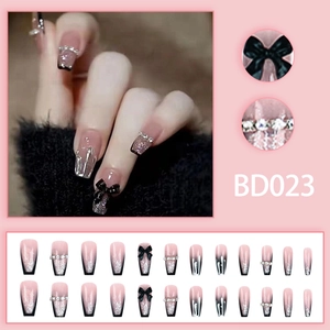 Black and pink gradient coffin press-on nails with bow, rhinestones and silver glitter