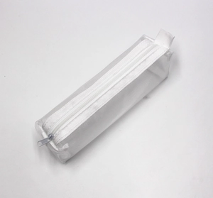 Detailed macro view of semi-transparent white nylon mesh fabric and sturdy zipper