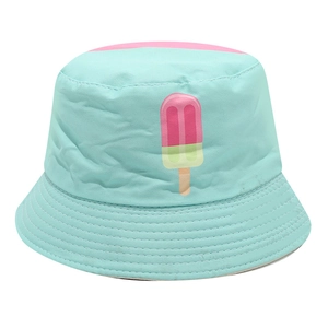 Kids reversible bucket hat with summer popsicle print in teal and pink sun protection