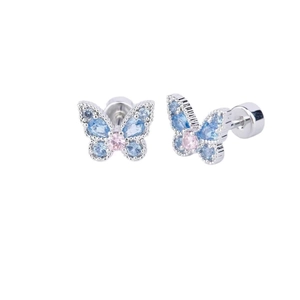 316L surgical steel butterfly ear studs with pink and blue crystals on white background