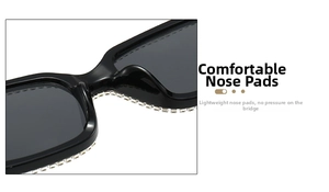 Detail of comfortable nose pads on oversized black rhinestone sunglasses frame