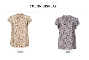 Floral print blouse display featuring ruffle sleeves in khaki and grey color options