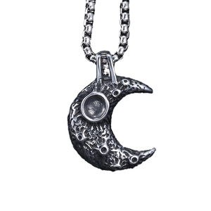 Retro stainless steel moon crater pendant necklace with box chain for men and women