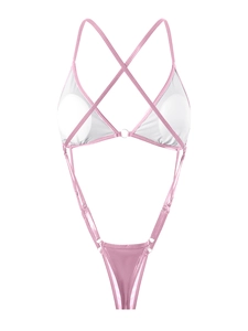 Detailed view of pink halter bodysuit with sheer mesh panels and strappy cutout design