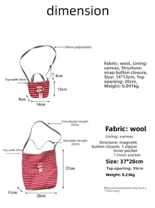 Detailed size guide for plaid wool tote bag showing dimensions for small and large versions
