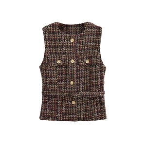 Women Tweed Vest Elegant Retro Round Neck Sleeveless Waistcoat With Gold Buttons Vintage French Style Outerwear