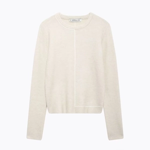 Women Knit Sweater Round Neck Long Sleeve Decorative Line Detail Loose Pullover Casual Minimalist Autumn Winter Top