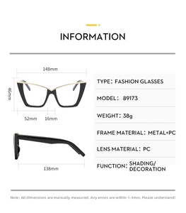 Detailed size specifications for cat-eye anti-blue light glasses with metal frame dimensions