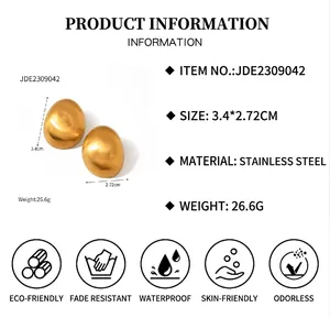 Detailed view of oval 18k gold plated brushed stainless steel earrings with dimensions