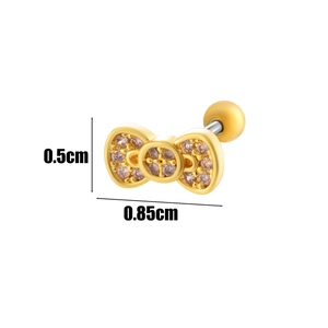 Elegant gold bow-shaped stud earring featuring pink cubic zirconia and size dimensions