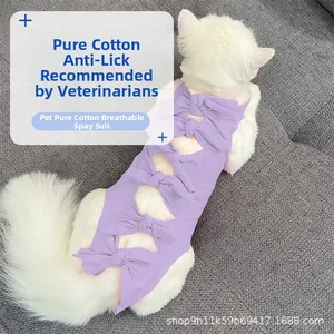 Detail view of cotton cat recovery suit with back ribbon ties in soft purple color