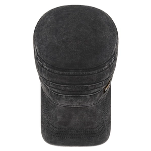 Vintage black washed cotton flat top military cap with distressed texture for outdoor casual wear