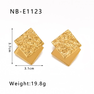 Detail view of 18K gold plated square earrings with hammered texture and dimensions