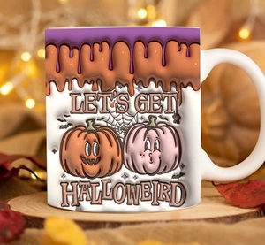 Close-up of Halloween ceramic mug with spooky slime drips and festive pumpkin patterns