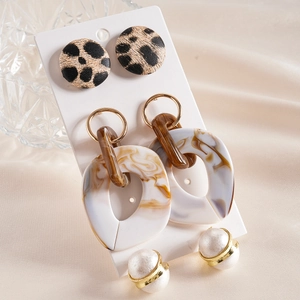 Bohemian 3-pair earring set with leopard print studs, marble resin drops, and pearl accents