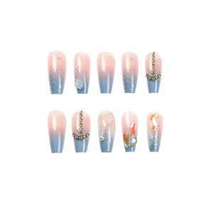 Pink and blue gradient long coffin press-on nails with pearl and rhinestone accents