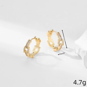 Detail view of gold zircon hoop earrings showing 2cm height and 0.6cm width dimensions
